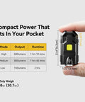 Hand holding Pocket-Sized Keychain Flashlight 500 Lumens Ultra-Compact EDC Light with size and output chart