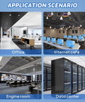 Application scenarios for 2 Pack 19 Inch 1U Server Rack Cable Management Kit, shown in office, internet cafe, engine room, data center.