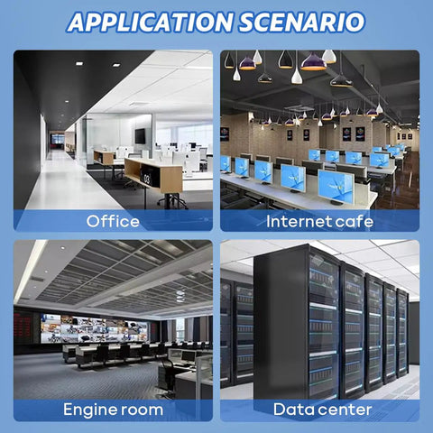Application scenarios for 2 Pack 19 Inch 1U Server Rack Cable Management Kit, shown in office, internet cafe, engine room, data center.