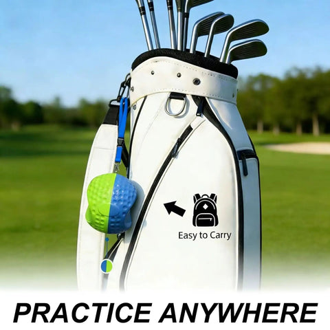 Golf Swing Training Ball With Lanyard For Instant Feedback on white golf bag, easy to carry for practice anywhere.