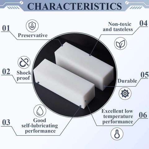 UHMW Solid Plastic Block, White Polyethylene, 7.9 x 2.4 x 2.4 Inches, image showing key characteristics and uses