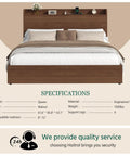 Queen Size Bed Frame With Storage Headboard And Two Drawers Mid Century Modern Platform Bed Featuring Built In Charging Station And Smart Shelf Solid Wood Slats Support No Box Spring Needed A Totally Hassle Free Pick with walnut finish and foam buffers.