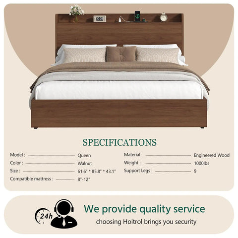 Queen Size Bed Frame With Storage Headboard And Two Drawers Mid Century Modern Platform Bed Featuring Built In Charging Station And Smart Shelf Solid Wood Slats Support No Box Spring Needed A Totally Hassle Free Pick with walnut finish and foam buffers.