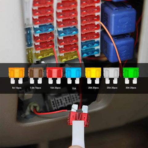 120 Piece Standard Blade Fuse Kit for Cars, Trucks and Boats with 5 7.5 10 15 20 25 30 Amp Fuses, Color Coded Tops