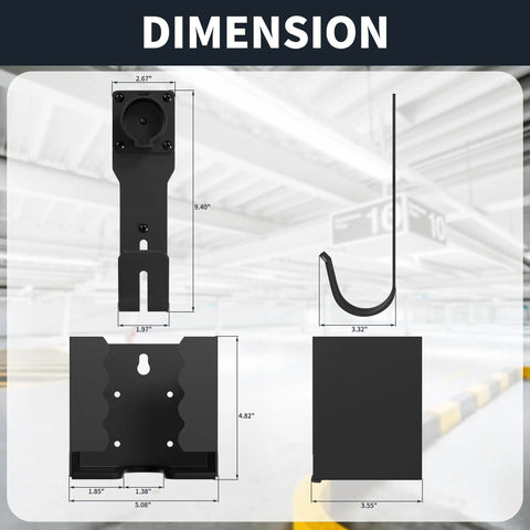 Built Tough EV Charger Holder Wall Mount Kit With J1772 Cable Dock dimensions displayed on a clean background.