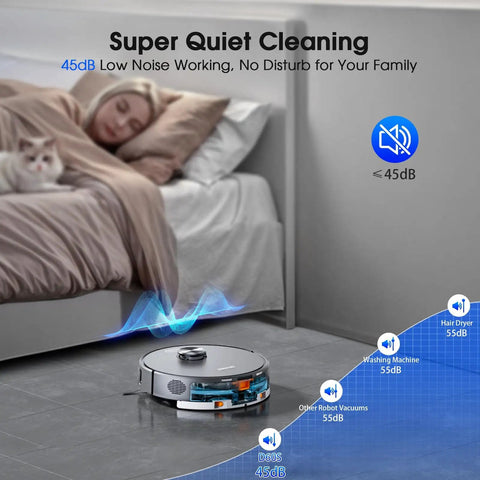 LiDAR Mapping Robot Vacuum And Mop With Smart Navigation WiFi App Alexa Voice Control Obstacle Avoidance placed on gray floor