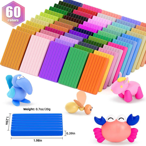 Polymer Clay Starter Kit With 60 Colors For Kids And Artists, Non Sticky Oven Bake Modeling Clay, includes sculpted animals