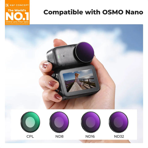 ND CPL Filter Kit for DJI Osmo Nano Vlog Ready Camera 4 Pack With ND8 ND16 ND32 And CPL Polarizer shown with filters and camera