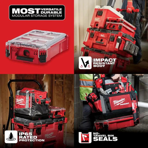 Packout 5-Compartment Small Parts Organizer with IP65 weather seal shown in rugged, red storage tray for job site hardware organization.