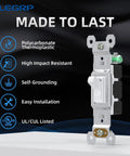Single Pole Toggle Light Switch 15 Amp 120 Volt Quiet Framed In Wall On Off Replacement Self Grounding UL Listed Glossy White 5 Pack For Residential And Commercial Use Durable Thermoplastic Frame For Easy Install And Long Lasting Performance. Glossy white self-grounding switch