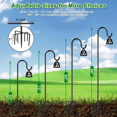 Heavy Duty 84 Inch Shepherds Hook For Outdoor Use With 7 Prong Base Sturdy Bird Feeder Pole displayed with adjustable heights