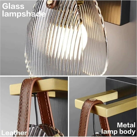 Fluted Glass Wall Sconce Ribbed Shade Leather Strap Brass Finish Metal Light 10 Inch Height features glass lampshade, leather, and metal body.