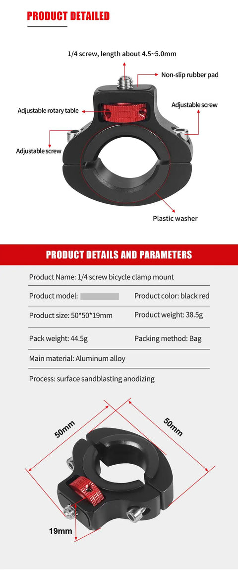 Motorcycle Handlebar Clip Mount With One Quarter Inch Screw For GoPro Cameras in black and red with detailed specifications