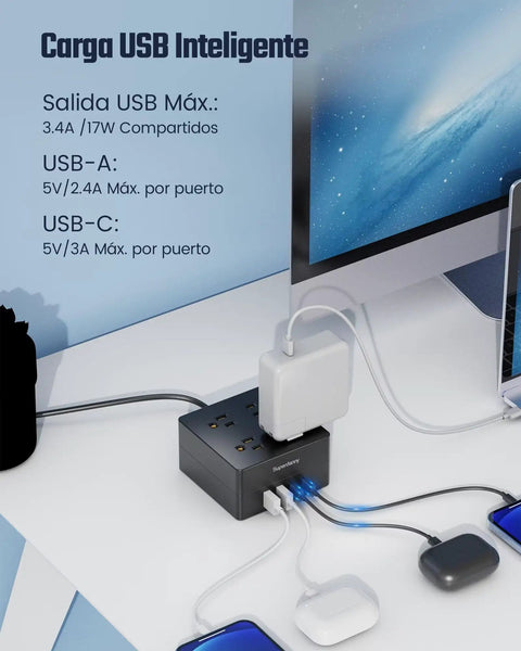 4-Outlet 4-USB Surge Protector With 5 Ft Extension Cord 900 Joules Overload Switch on desk charging devices.