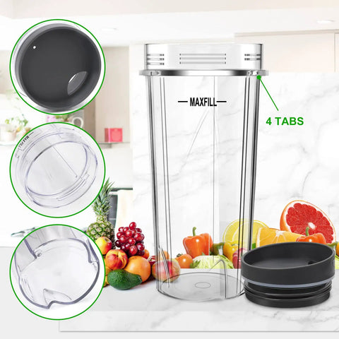 Two Pack 16oz Single Serve Cups With To Go Lids And Six Fin Blade Assembly Replacement Parts For Ninja Blenders visible on counter