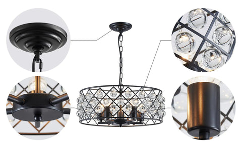 Five Light Drum Crystal Chandelier With K9 Crystals In Rustic Retro Style Ceiling Pendant, 9x19 Inch, close-up details