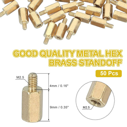 Heavy Duty Gold M2.5 X 9 Plus 4 mm Female Thread Hex Brass Pcb Standoff Spacers 50 Pieces detailed view of hex brass standoffs