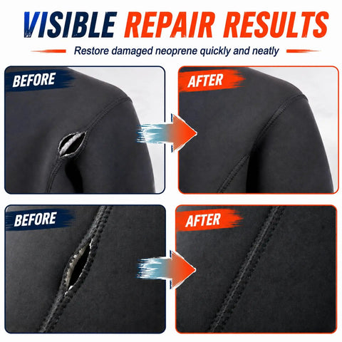 Visible results of 120 Gram Flexible Wetsuit Repair Adhesive Wader Patch Kit to plug holes and mend tears in neoprene.