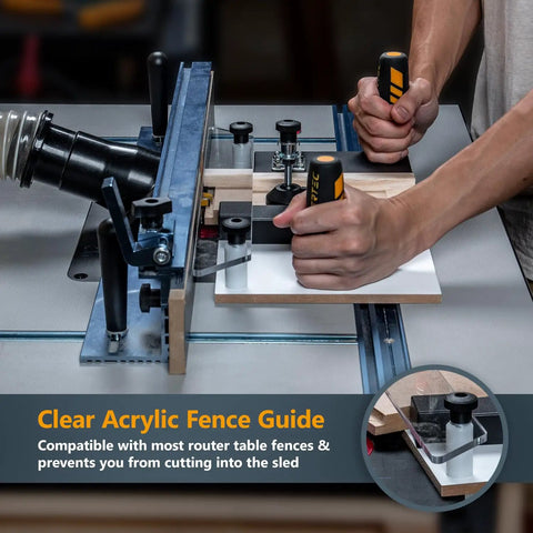 Person using Rail Coping Sled With 2-Inch Slab Flattening Router Bit For Precise Cabinet Joints Drawer Fronts Spoilboard Surfacing.