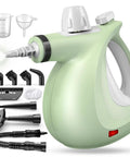 Hella Badass Handheld Steam Cleaner With 3 Bar High Pressure And 11 Piece Chemical Free Kit For Deep Household Surfaces, green design.