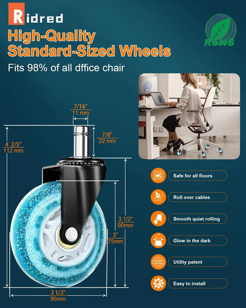 Universal 3-Inch Heavy-Duty Chair Casters With Precision Ball Bearings For All Floor Surfaces, Noise-Free Replacement Wheels