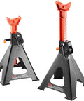 Pair of VEVOR 6-ton jack stands with red ratchet bars and black bases, adjustable 14.2-23 in.