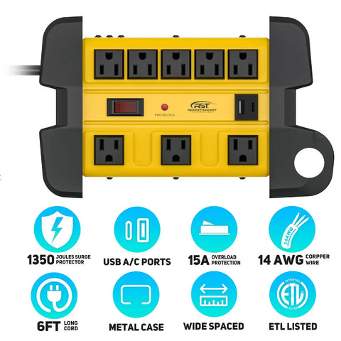 Heavy Duty Surge Protector Power Strip With 8 Outlets And 2 USB Ports, Metal Industrial Housing, 15A Circuit Breaker, 6ft Cord, 1350 Joules