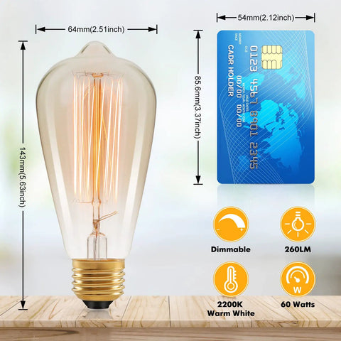 60 Watt Incandescent Edison Light Bulbs Set Vintage Dimmable E26 ST64 Warm White Amber Filament Lamps 2200K Cozy Home Glow