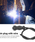 MIG Welding Trigger Connector 4 Pin Plug With Wire For Spool Gun Interface, shown with welding sparks background
