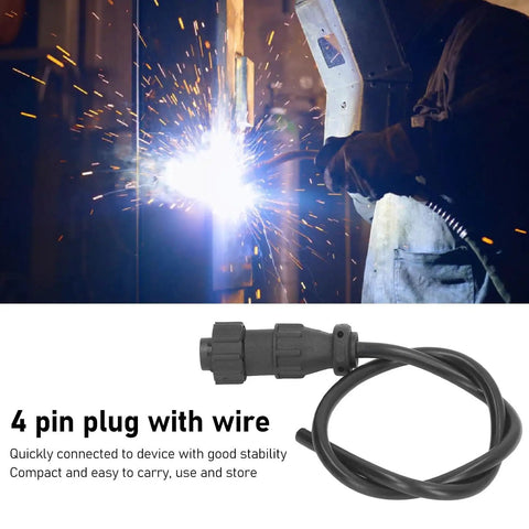 MIG Welding Trigger Connector 4 Pin Plug With Wire For Spool Gun Interface, shown with welding sparks background