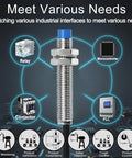 Inductive Proximity Sensor Switch M8 5V DC surrounded by industrial interface icons like relay, microcontroller, contactor, and PLC.
