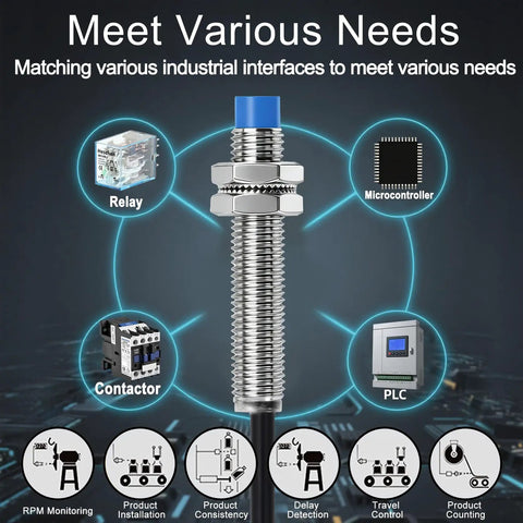Inductive Proximity Sensor Switch M8 5V DC surrounded by industrial interface icons like relay, microcontroller, contactor, and PLC.