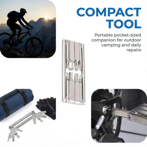 Eight In One Bike Multitool With Hex Keys 2mm 3mm 4mm 5mm 6mm Torx T25 And Phillips Screwdriver shown with camping gear