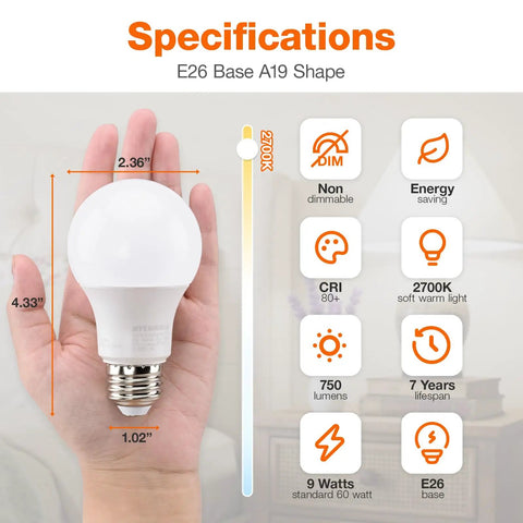 Eco LED A19 Light Bulb 9W Equivalent To 60W, 750 Lumens, hand displaying bulb dimensions and specifications