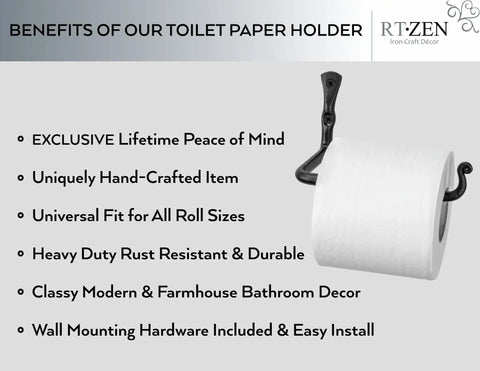 Image showing a Handcrafted Wrought Iron Toilet Paper Holder In Black Matte, Wall Mount Bar For Modern Farmhouse Bathroom Decor.