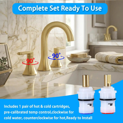 Dual Ceramic Stem Disc Faucet Cartridge Replacement Kit For Double Handle Bathroom Sink Taps Hot Cold Drip Proof Valve Repair shown pre-installed.