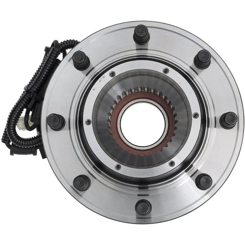 Top view of New Set Of Complete Front Wheel Hub And Bearing Assemblies For Dual Rear Wheel Trucks Fits 6.2L 6.7L V8 Engines Front Left and Right Polished and Rust Protected.