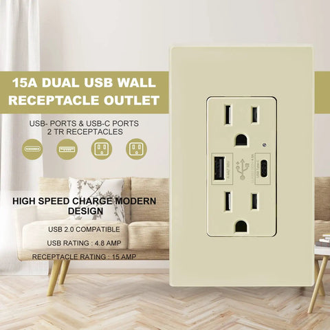 USB C Outlet With 24W Power Delivery And USB A Port 125V Tamper Resistant Receptacle 15 Amp Screwless Wall Plate UL Listed