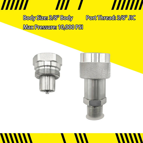 3/8 Inch NPT Hydraulic Quick Connect And Disconnect Coupler Set Workhorse Grade With 3/8 Inch Body Replacement For Parker 3000 Series C-604 Heavy Duty Carbon Steel Male And Female Couplings 10,000 PSI, front view