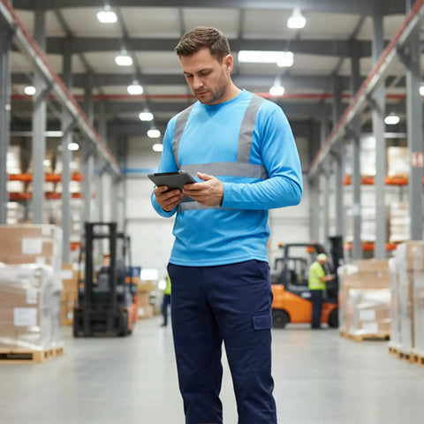 Heavy Duty Class Three High Visibility Long Sleeve Safety Shirt Loaded With Ansi Certified Reflective Tape Built Hella Tough For Your Daily Job Site Grind worn by a man checking a tablet in a warehouse.