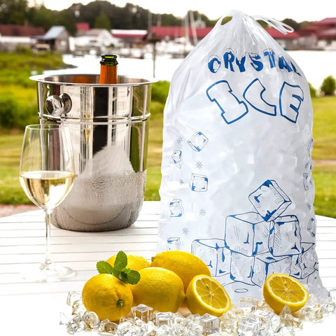 Heavy Duty Ice Bags 10 Lb With Drawstring 50 Count Reusable Ice Bags For Ice Machines Portable Freezer Storage next to lemons and wine