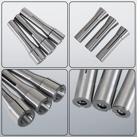 R8 Collet Set 31/32 to 1 Inch Fits R8 Mill Spindle Taper Bore With 0.0006 TIR 29 Pack, steel collets, close-up and top view