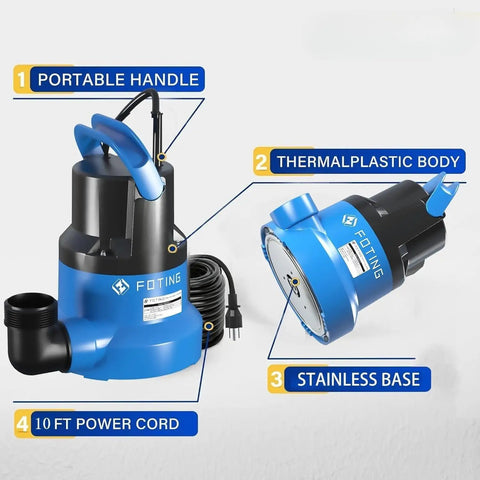One Half Horsepower Submersible Water Pump With Stainless Steel Base 2450 GPH Portable Sump Pump with labeled parts