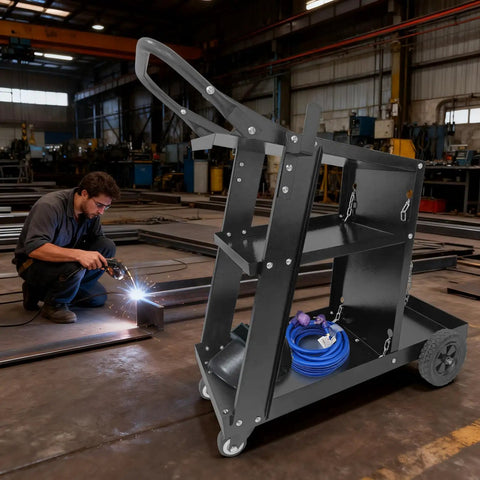Heavy Duty 3 Tier Rolling Welder Cart With Tank Storage And Gas Cylinder Slots in workshop, black sturdy metal frame, 220 lb capacity.