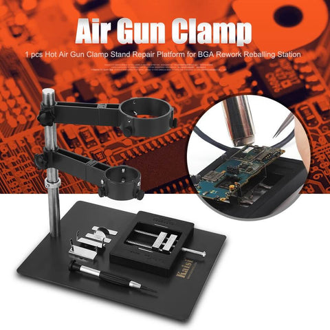 Sturdy Adjustable Hot Air Gun Holder With Cast Aluminum Base Clamp And Two Fixtures For BGA Rework Soldering Station.
