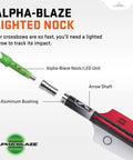 Components of Lighted 20 Inch Carbon Crossbow Arrows Pack Of 3 For Serious Hunting, 400 Grain, showing Alpha Blaze Lighted Nock