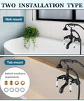 Clawfoot Tub Faucet Matte Black With Handheld Shower, Wall Mount Tub Filler, Two Handle Waterfall Style Spout shown in two installation types