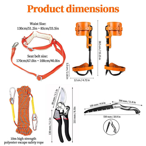 Tree Climbing Spikes With Pro Arborist Gear Kit Including 10m Nylon Rope, Safety Belt, Scissors And Saws, Leather Protective Gear