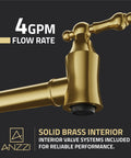 Close-up of Wall Mount Pot Filler Faucet With 24 Inch Reach Pro Grade Dual Swivel Joints And Twin Handles, brushed gold finish.