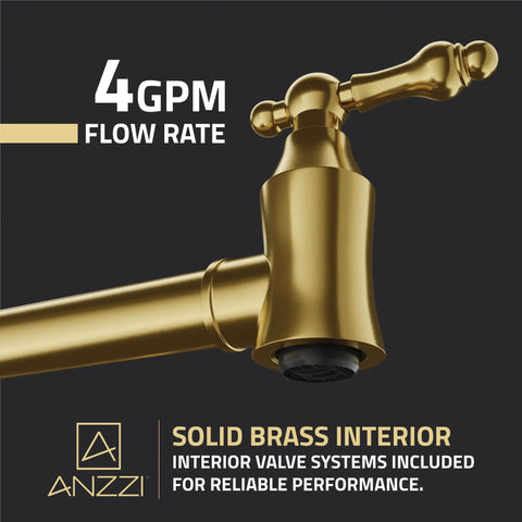 Close-up of Wall Mount Pot Filler Faucet With 24 Inch Reach Pro Grade Dual Swivel Joints And Twin Handles, brushed gold finish.